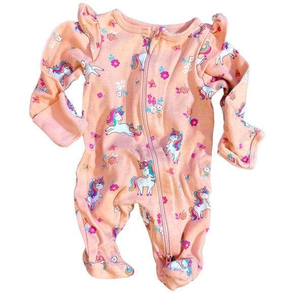 Newborn Baby Girl Sleep N Play Ultra Soft Unicorn Zip Footies EUC - Picture 1 of 7